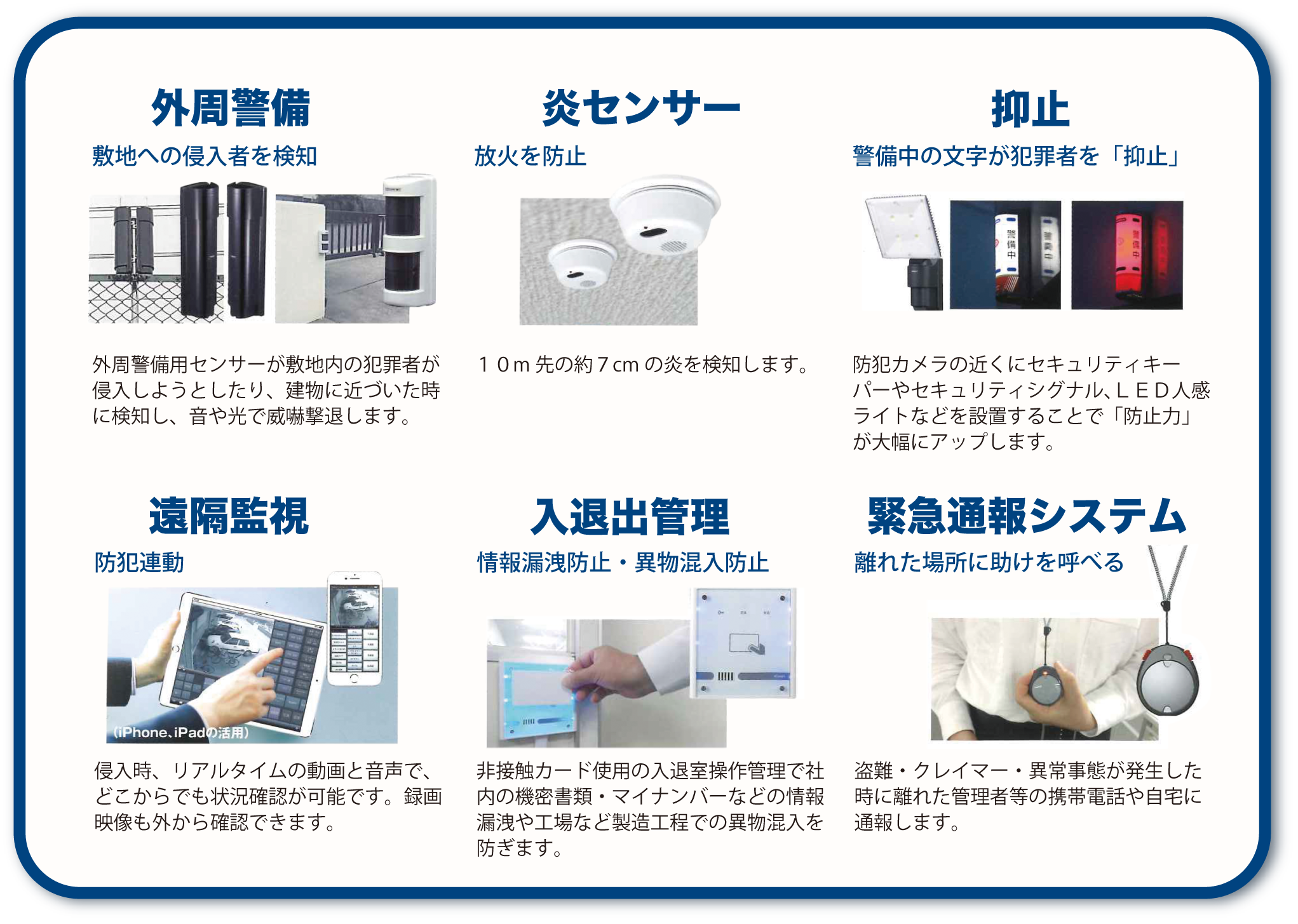 外周警備、炎センサー、抑止、遠隔監視、入退室管理、緊急通報システム